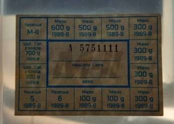 Kartka na mięso SERIA:A 3kg mięsa i 1kg z kością 1989 rok