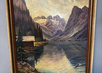 Piękny obraz malowany na płótnie obraz olejny w złotej ramie góry widok