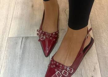 (40) Bordowe czerwone baleriny wieczorowe z odkrytą Pięta, Nowe