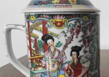 Famille Rose chiński kubek porcelanowy z pokrywką zaparzacz Gejsza