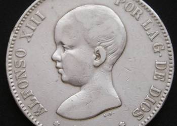 Hiszpania 5 peset 1888 - SREBRO - Alfonso XIII - dziecko