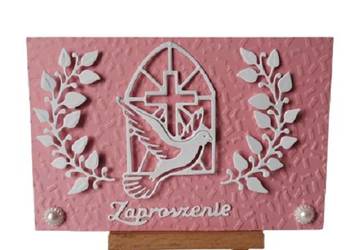 ZAPROSZENIA KOMUNIA DZIEWCZYNKA GOŁĄB W OKNIE – K3 – RÓŻ - BIEL