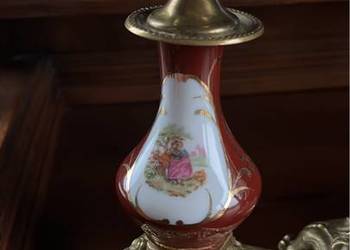 Świecznik porcelana i mosiądz. Bordowa, niebieska, szafiro