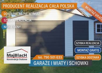Biały + GRAFIT  Garaż Blaszany Dwuspadowy z drzwiami Garaże – Maj-Blach
