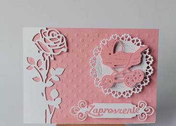 ZAPROSZENIA CHRZEST ŚWIĘTY WÓZEK W SERWETCE C6 RÓŻ - BIEL