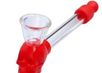 Lufka Szklana Fifka Czaszka z Silikonowymi Elementami - Czerwona 14 cm