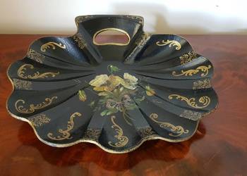 Patera malowana olej papier mache kwiaty ok oło 1900