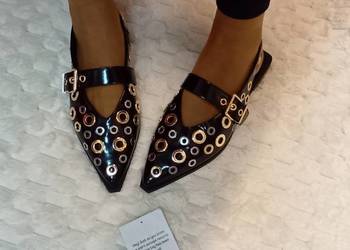 (42) Asos Design/Bogato zdobione Czarne iny z odkrytą piętą z Londynu, NOWE