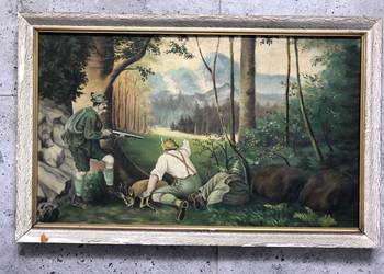 Stary antyczny obraz pejzaż polowanie