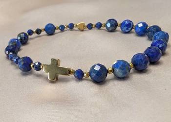 Bransoletka różaniec kamienie lapis lazuli krzyżyk serduszko prezent pamiąt