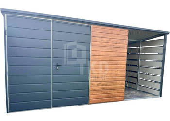 Schowek - domek ogrodowy 3x3m + wiata 1,5m Brama dwuskrzydłowa dach TKD275