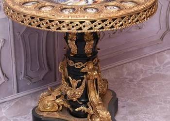 Francuski Stół Empire Drewno + Brąz + Porcelanowe Malunki Arystokracji Koło