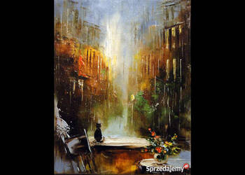 Kowalik - Uliczka w deszczu II - 30x40cm Obraz Olejny Kotek Architektura