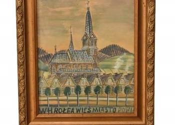 Nikifor Krynicki - Pejzaż Miejski - Kościół - Stary Obraz - Akwarela Ołówek