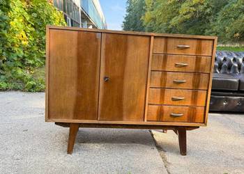 Komoda PRL z szufladami i szafką, vintage, na nóżkach, 120 cm