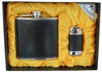 Piersiówka 180 ml Obszyta Czarną Skórą z Zapalniczką Gazową w Zestawie