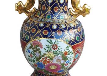 Stary ręcznie malowany japoński wazon porcelanowy złoto kobaltowy Satsuma