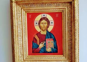 Ikona Pantokrator w bogato zdobionej zabytkowej  ramie