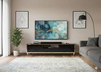 Szklana Komoda RTV 170cm Czarna Lustrzana Złote Nogi Cichy Domyk