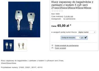 Klucz zapasowy do bagaż. z kodem 5 cyfr 21/25/26/45/46xxx