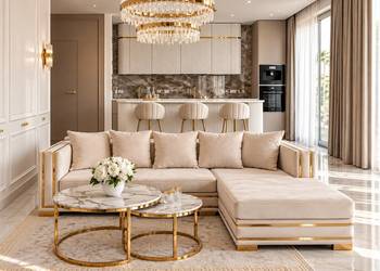 Nowoczesna sofa glamour beżowa narożna na złotych nogach