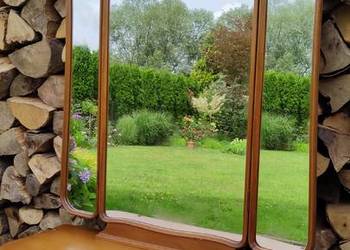 Toaletka drewniana na giętych nóżkach, konsola lustro składane na 3