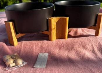Podwójne ceramiczne miski 850ml stojak bambusowy