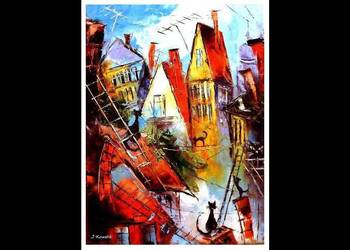 Kowalik - Kocie miasteczko II - 50x40cm Obraz Olejny Abstrakcja