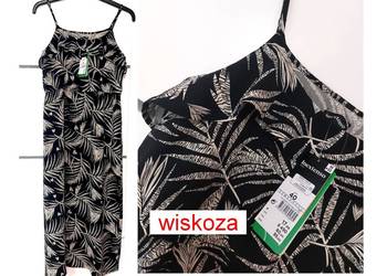 Sukienka L 40 czarna brązowe liście maksi długa wiskozowa Nowa z metką