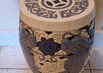 PUF STOŁEK STOLIK ceramika orientalny wzór smoki niebiesko biały vintage