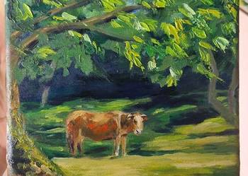 Obraz ręcznie malowany, Pastwisko, krowa, wieś 18x24cm