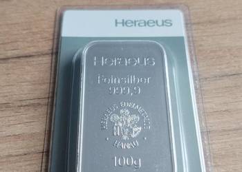 Sztabka srebra Heraeus 100 g Ag 999,9 Feinsilber
