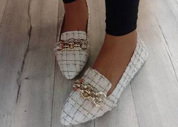 (43) Biało - złote Baleriny wieczorowe mokasyny letnie, NOWE