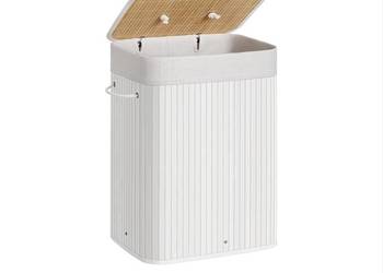 SONGMICS Kosz na pranie 72L z pokrywką – bambusowy, składany, biały