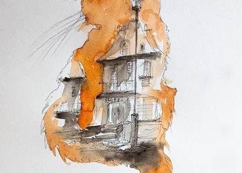 "Home" akwarela z dodatkiem piórka - kamieniczka, kot