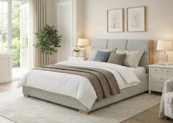 Łóżko tapicerowane TULO 160x200 z drewnem + pojemnik + stelaż SZARE