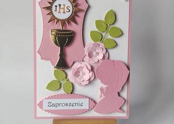 ZAPROSZENIA KOMUNIA DZIEWCZYNKA  KIELICH SŁONECZKO RAMKA B6 RÓŻ - BIEL