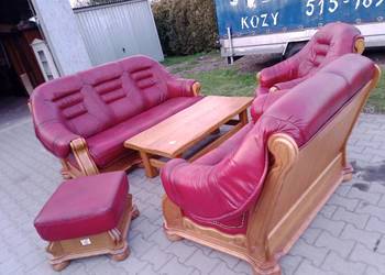 Komplet Wypoczynkowy KLER  3+2+1 i Pufa i Ława  , Dąb - Skóra Bordo