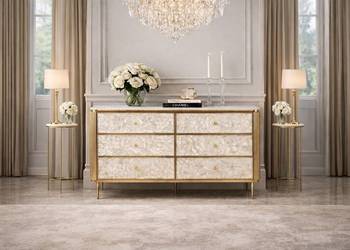 Komoda złota ryflowana fronty z muszli morskiej 6 szuflad 160x90x40