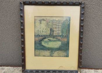 91 Stary przedwojenny obraz obrazek akwarela most Hamburg Trostbrücke