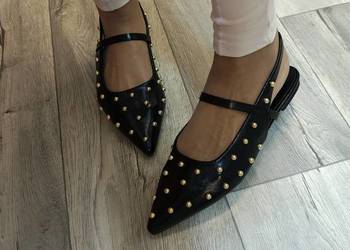 (42) Czarne bogato zdobione baleriny wieczorowe z odkrytą piętą, NOWE