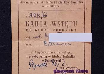 Karta wstępu do Klubu Technika w Bolesławcu - duplikat. 1966 r.