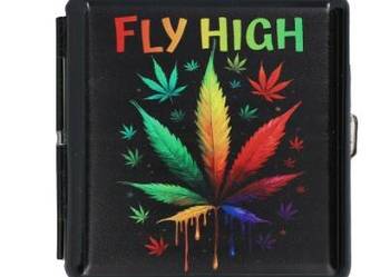 Metalowa Papierośnica z Nadrukiem Kolorowego Liścia Marihuany FLY HIGH