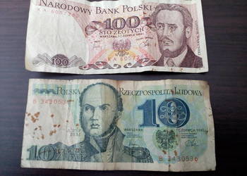 Dwa banknoty Waryński 100 zł i Bem 10 zł - z 1982 roku