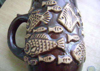 Starocie z PRL - Wędkarstwo = Kufel ceramiczny 1 litr z rybkami TANIO