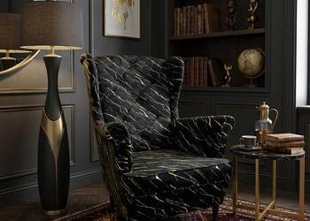 Fotel Uszak Wzorzysty Marmur Czarny, Dostawa 0zł!