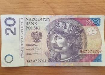 Banknot 20 zł obiegowy BX7072707 ładny radar lustro