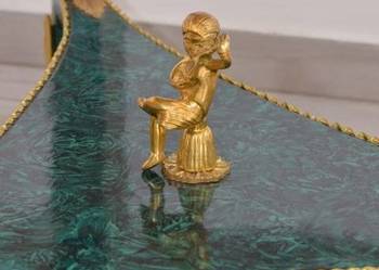 Królewski Drewniany Stół - Vintage Malachit Kolor Okuty Brązem Blat Marmur