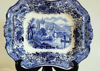 Antyczny półmisek Boch Frères 1845-1860 kobaltowy transferowy pejzaż z zamk