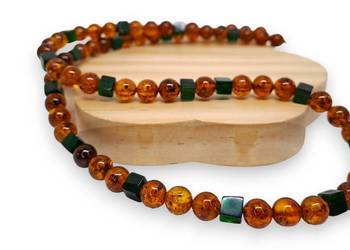 Korale bursztyn bałtycki kulki koniakowe, kostka zielona #978